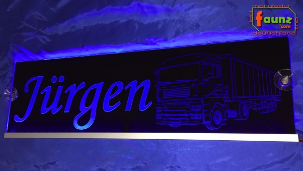 LED Namensschild Detailzeichnung Zugmaschine Gravur "Jürgen" oder Wunschname auf Rechteckplatte - Truckerschild Neonschild Leuchtschild