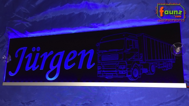 "LED Namensschild Detailzeichnung Zugmaschine Gravur ""Jürgen"" oder Wunschname auf Rechteckplatte - Truckerschild Neonschild Leuchtschild"