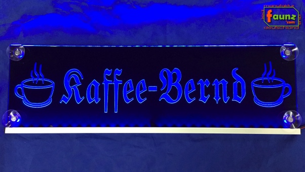 LED Namensschild Symbolik Kaffeetasse Gravur "Kaffee-Bernd" oder Wunschname in Frakturschrift Altdeutsch als Konturschnitt - Truckerschild Neonschild Leuchtschild