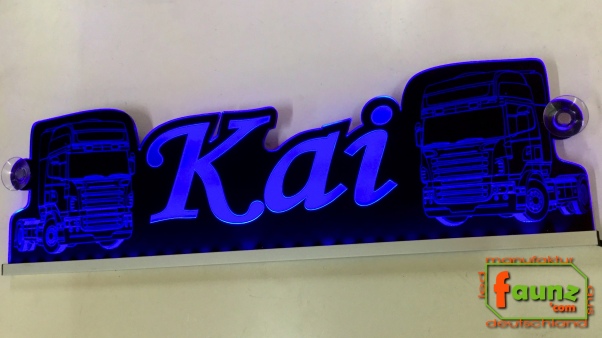 LED Namensschild Detailzeichnung Zugmaschine Gravur "Kai" oder Wunschname als Konturschnitt - Truckerschild Neonschild Leuchtschild