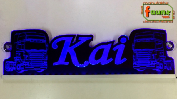 LED Namensschild Detailzeichnung Zugmaschine Gravur "Kai" oder Wunschname als Konturschnitt - Truckerschild Neonschild Leuchtschild