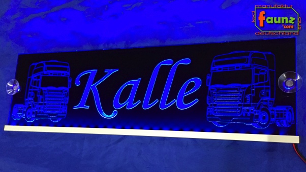 LED Namensschild Detailzeichnung Zugmaschine Gravur "Kalle" oder Wunschname auf Rechteckplatte - Truckerschild Neonschild Leuchtschild