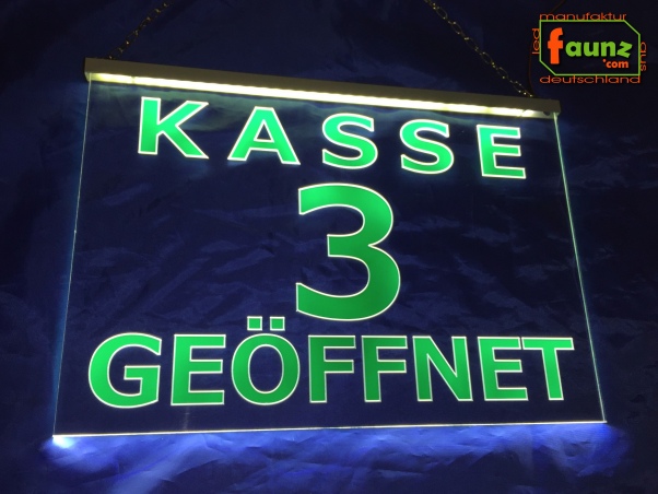 LED Kassenschild "Kasse 3 geöffnet" - Hinweisschild Orientierungsschild Werbeschild Leuchtschild