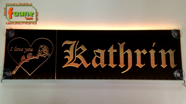 LED Namensschild Detailzeichnung Rose Gravur "Katrin - I love you" oder Wunschname auf Rechteckplatte - Truckerschild Neonschild Leuchtschild