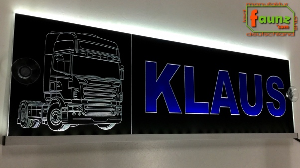 LED Namensschild Detailzeichnung Zugmaschine Gravur "KLAUS" oder Wunschname auf Rechteckplatte - Truckerschild Neonschild Leuchtschild