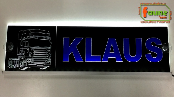 LED Namensschild Detailzeichnung Zugmaschine Gravur "KLAUS" oder Wunschname auf Rechteckplatte - Truckerschild Neonschild Leuchtschild