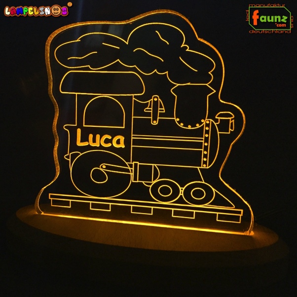 Lampelinos LED Nachtlicht "Lokomotive" Kinderlampe Schlummerleuchte + Ihr Wunschname als individuelle Acrylglas-Gravur