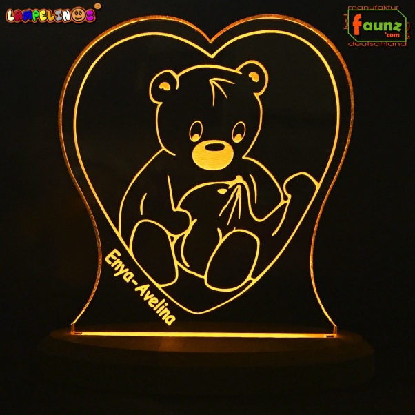 Lampelinos LED Nachtlicht "Teddybär" Kinderlampe Schlummerleuchte + Ihr Wunschname als individuelle Acrylglas-Gravur