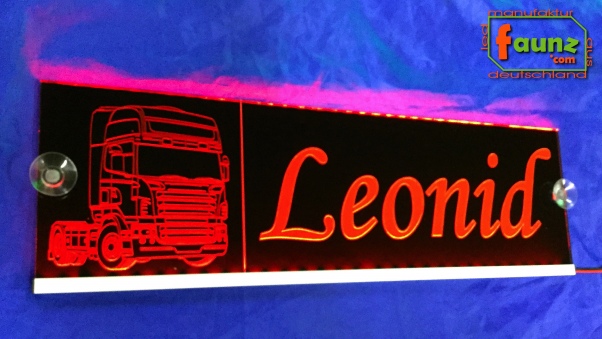 LED Namensschild Detailzeichnung Zugmaschine Gravur "Leonid" oder Wunschname auf Rechteckplatte - Truckerschild Neonschild Leuchtschild