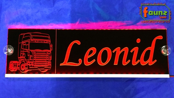 LED Namensschild Detailzeichnung Zugmaschine Gravur "Leonid" oder Wunschname auf Rechteckplatte - Truckerschild Neonschild Leuchtschild