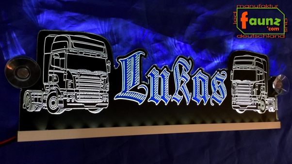 LED Namensschild Detailzeichnung Zugmaschine Gravur "Lukas" oder Wunschname als Konturschnitt - Truckerschild Neonschild Leuchtschild