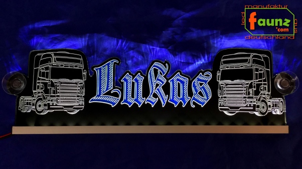 LED Namensschild Detailzeichnung Zugmaschine Gravur "Lukas" oder Wunschname als Konturschnitt - Truckerschild Neonschild Leuchtschild