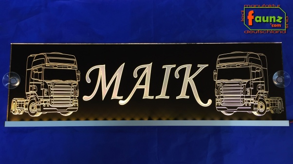 LED Namensschild Detailzeichnung Zugmaschine Gravur "MAIK" oder Wunschname auf Rechteckplatte - Truckerschild Neonschild Leuchtschild