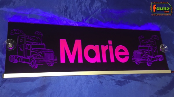 LED Namensschild Detailzeichnung Amitruck Gravur "Marie" oder Wunschname auf Rechteckplatte - Truckerschild Neonschild Leuchtschild