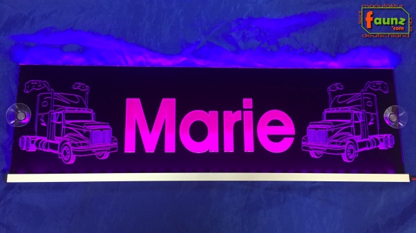 LED Namensschild Detailzeichnung Amitruck Gravur "Marie" oder Wunschname auf Rechteckplatte - Truckerschild Neonschild Leuchtschild