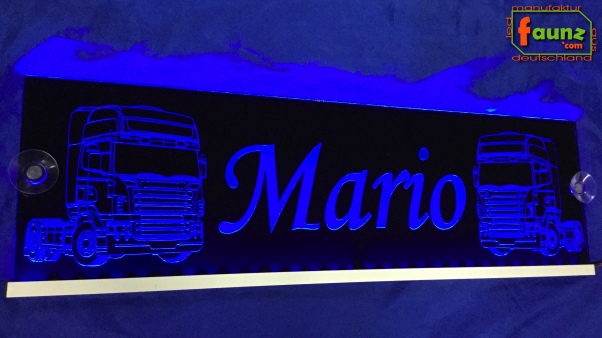 LED Namensschild Detailzeichnung Zugmaschine Gravur "Mario" oder Wunschname auf Rechteckplatte - Truckerschild Neonschild Leuchtschild