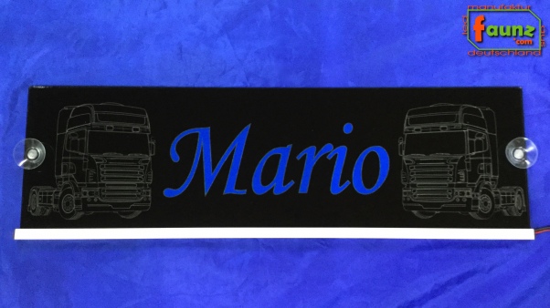 LED Namensschild Detailzeichnung Zugmaschine Gravur "Mario" oder Wunschname auf Rechteckplatte - Truckerschild Neonschild Leuchtschild