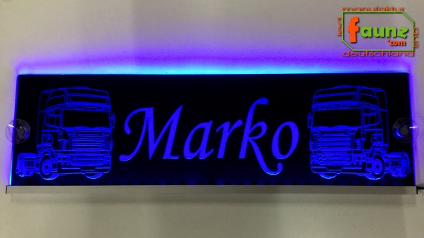 LED Namensschild Detailzeichnung Zugmaschine Gravur "Marko" oder Wunschname auf Rechteckplatte - Truckerschild Neonschild Leuchtschild