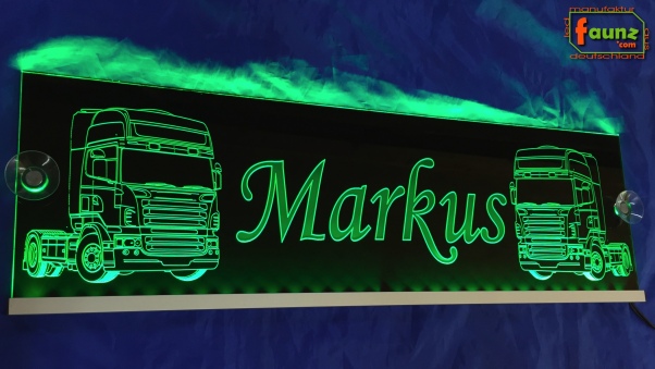 LED Namensschild Detailzeichnung Zugmaschine Gravur "Markus" oder Wunschname auf Rechteckplatte - Truckerschild Neonschild Leuchtschild