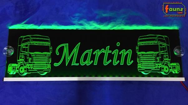 LED Namensschild Detailzeichnung Zugmaschine Gravur "Martin" oder Wunschname auf Rechteckplatte - Truckerschild Neonschild Leuchtschild