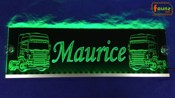 LED Namensschild Detailzeichnung Zugmaschine Gravur "Maurice" oder Wunschname auf Rechteckplatte - Truckerschild Neonschild Leuchtschild