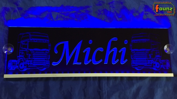 LED Namensschild Detailzeichnung Zugmaschine Gravur "Michi" oder Wunschname auf Rechteckplatte - Truckerschild Neonschild Leuchtschild