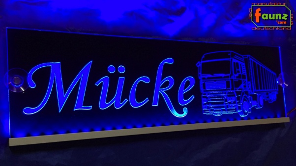 LED Namensschild Detailzeichnung Zugmaschine Gravur "Mücke" oder Wunschname auf Rechteckplatte - Truckerschild Neonschild Leuchtschild