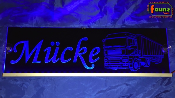 LED Namensschild Detailzeichnung Zugmaschine Gravur "Mücke" oder Wunschname auf Rechteckplatte - Truckerschild Neonschild Leuchtschild