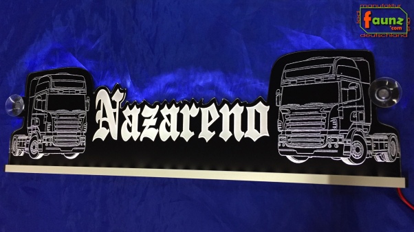 "LED Namensschild Detailzeichnung Zugmaschine Gravur ""Nazareno"" oder Wunschname in Frakturschrift Oldenglish als Konturschnitt - Truckerschild Neonschild Leuchtschild"