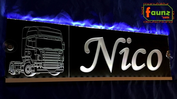LED Namensschild Detailzeichnung Zugmaschine Gravur "Nico" oder Wunschname auf Rechteckplatte - Truckerschild Neonschild Leuchtschild