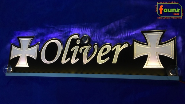 LED Namensschild Symbolik Eisernes Kreuz Gravur "Oliver" oder Wunschname als Konturschnitt - Truckerschild Neonschild Leuchtschild