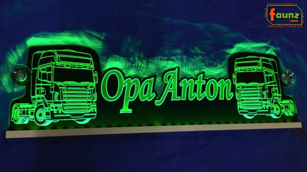 LED Namensschild Detailzeichnung Zugmaschine Gravur "Opa Anton" oder Wunschname als Konturschnitt - Truckerschild Neonschild Leuchtschild