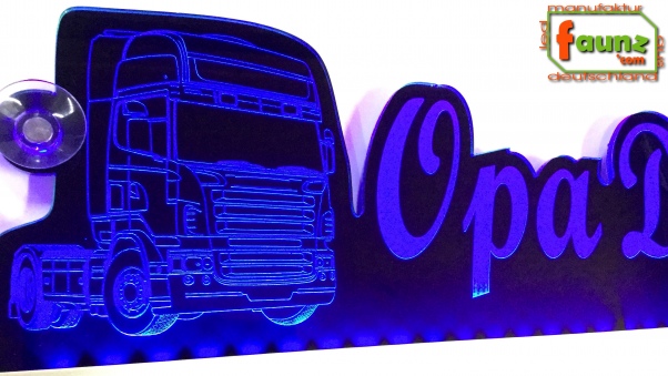 LED Namensschild Detailzeichnung Zugmaschine Gravur "Opa Dirk" oder Wunschname als Konturschnitt - Truckerschild Neonschild Leuchtschild