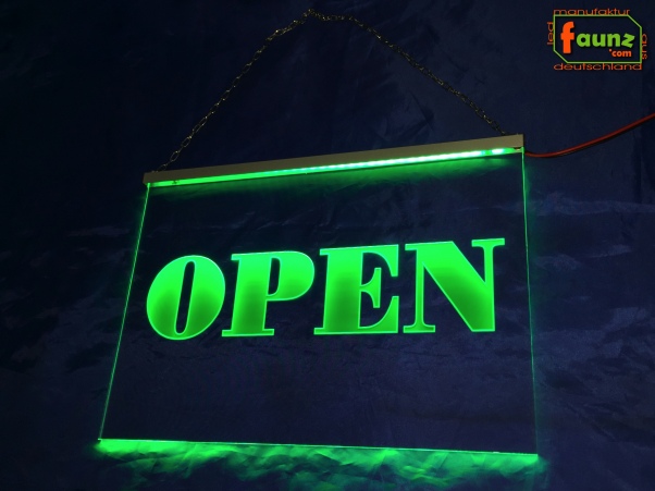 LED Hinweisschild Gravur "Open" Info-Schild Signalschild Werbeschild Leuchtschild