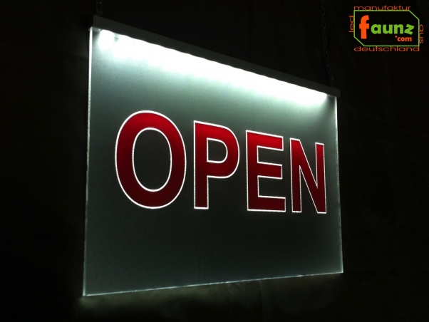 Preview: LED Hinweisschild Gravur “Open" Info-Schild Signalschild Werbeschild Leuchtschild