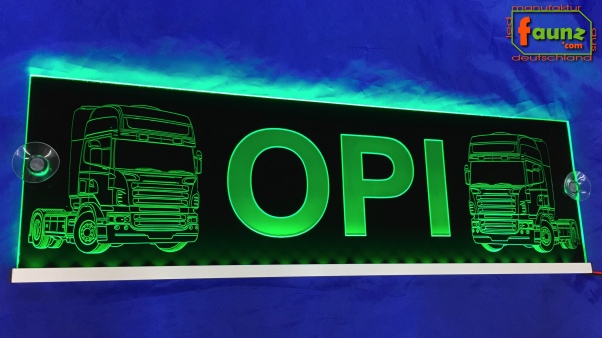 "LED Namensschild Detailzeichnung Zugmaschine Gravur ""OPI"" oder Wunschname auf Rechteckplatte - Truckerschild Neonschild Leuchtschild"