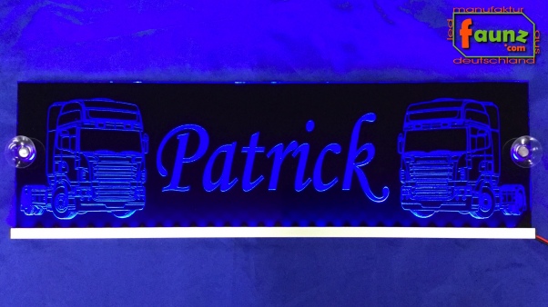 LED Namensschild Detailzeichnung Zugmaschine Gravur "Patrick" oder Wunschname auf Rechteckplatte - Truckerschild Neonschild Leuchtschild