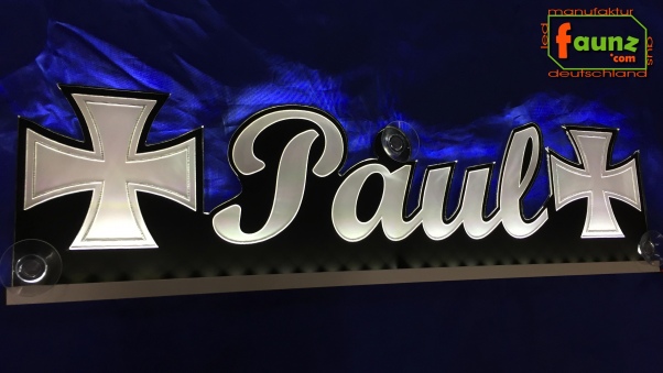 LED Namensschild Symbolik Eisernes Kreuz Gravur "Paul" oder Wunschname als Konturschnitt - Truckerschild Neonschild Leuchtschild