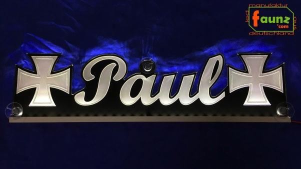 LED Namensschild Symbolik Eisernes Kreuz Gravur "Paul" oder Wunschname als Konturschnitt - Truckerschild Neonschild Leuchtschild