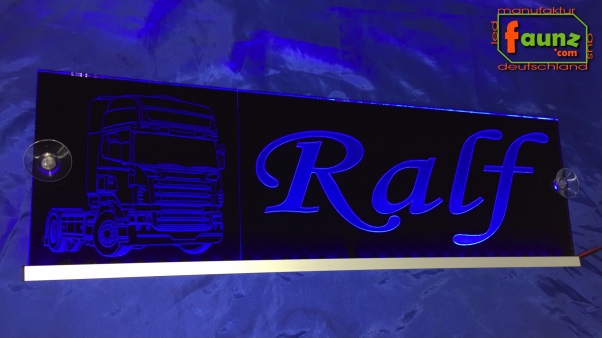 LED Namensschild Detailzeichnung Zugmaschine Gravur "Ralf" oder Wunschname auf Rechteckplatte - Truckerschild Neonschild Leuchtschild