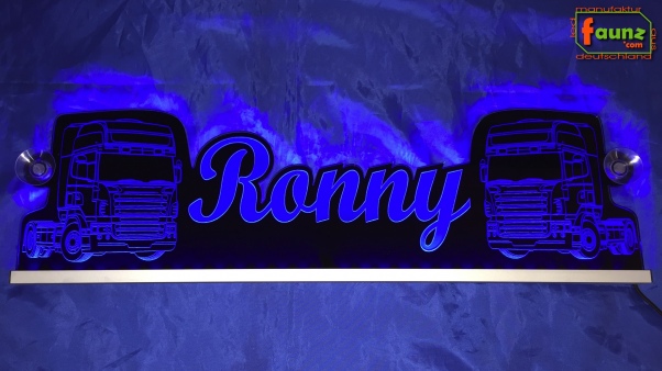 LED Namensschild Detailzeichnung Zugmaschine Gravur "Ronny" oder Wunschname als Konturschnitt - Truckerschild Neonschild Leuchtschild