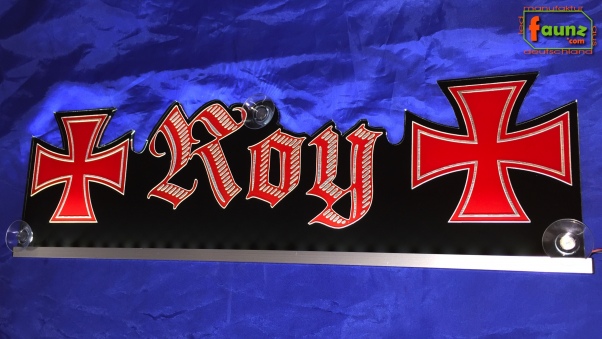 LED Namensschild Symbolik Eisernes Kreuz Gravur "Roy" oder Wunschname in Frakturschrift Altdeutsch als Konturschnitt - Truckerschild Neonschild Leuchtschild