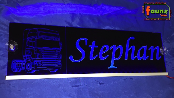 LED Namensschild Detailzeichnung Zugmaschine Gravur "Stephan" oder Wunschname auf Rechteckplatte - Truckerschild Neonschild Leuchtschild
