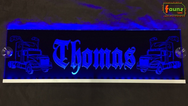 LED Namensschild Detailzeichnung Amitruck Gravur "Thomas" oder Wunschname auf Rechteckplatte - Truckerschild Neonschild Leuchtschild