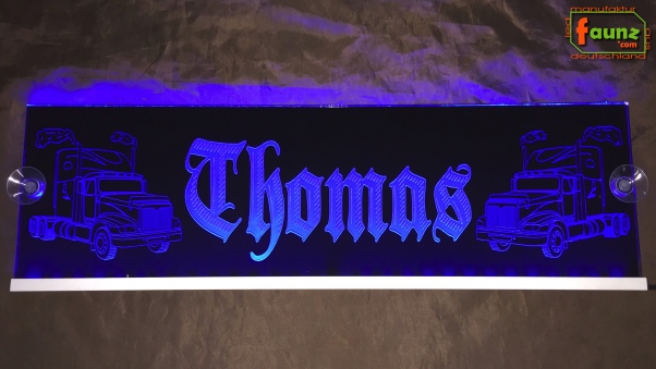 LED Namensschild Detailzeichnung Amitruck Gravur "Thomas" oder Wunschname auf Rechteckplatte - Truckerschild Neonschild Leuchtschild