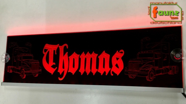 "LED Namensschild Detailzeichnung Amitruck Gravur ""Thomas"" oder Wunschname in Frakturschrift Altdeutsch auf Rechteckplatte - Truckerschild Neonschild Leuchtschild"