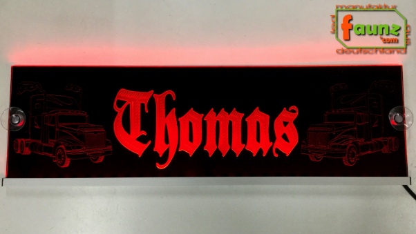 LED Namensschild Detailzeichnung Amitruck Gravur "Thomas" oder Wunschname in Frakturschrift Altdeutsch auf Rechteckplatte - Truckerschild Neonschild Leuchtschild