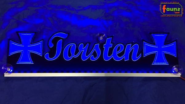 LED Namensschild Symbolik Eisernes Kreuz Gravur "Torsten" oder Wunschname als Konturschnitt - Truckerschild Neonschild Leuchtschild