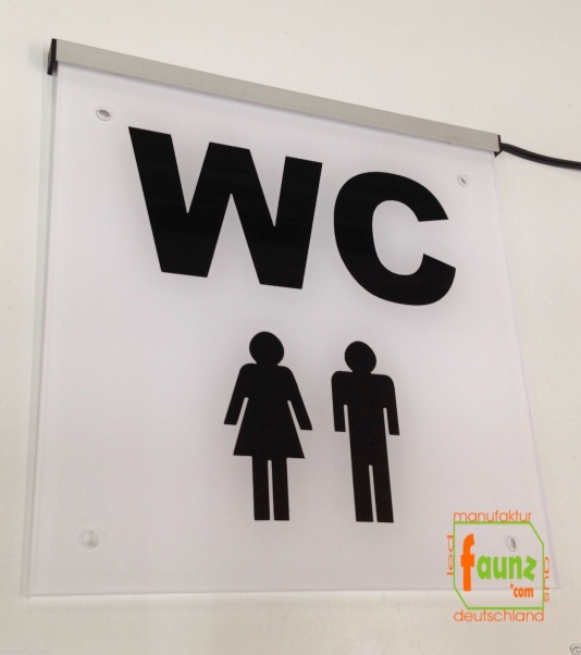 LED WC-Schild quadratisch "WC Damen Herren w/m" Piktogramm satiniert-foliert (Klosett Örtchen Toilette) Toilettenschild Hinweisschild Wegweiser Leuchtschild