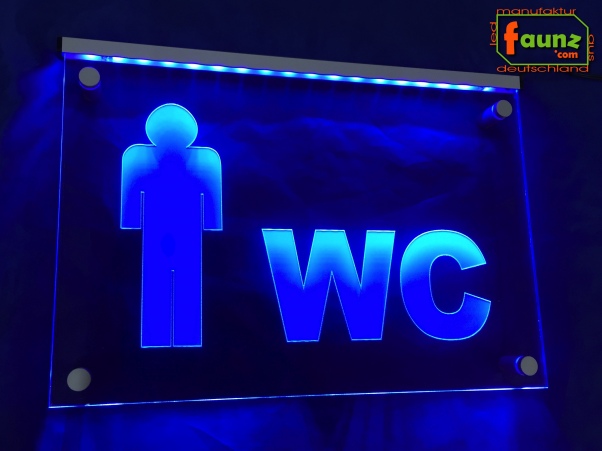 Preview: LED WC Schild "WC + Symbolik Mann" (Klosett Örtchen Toilette) Toilettenschild Wegweiser Leuchtschild